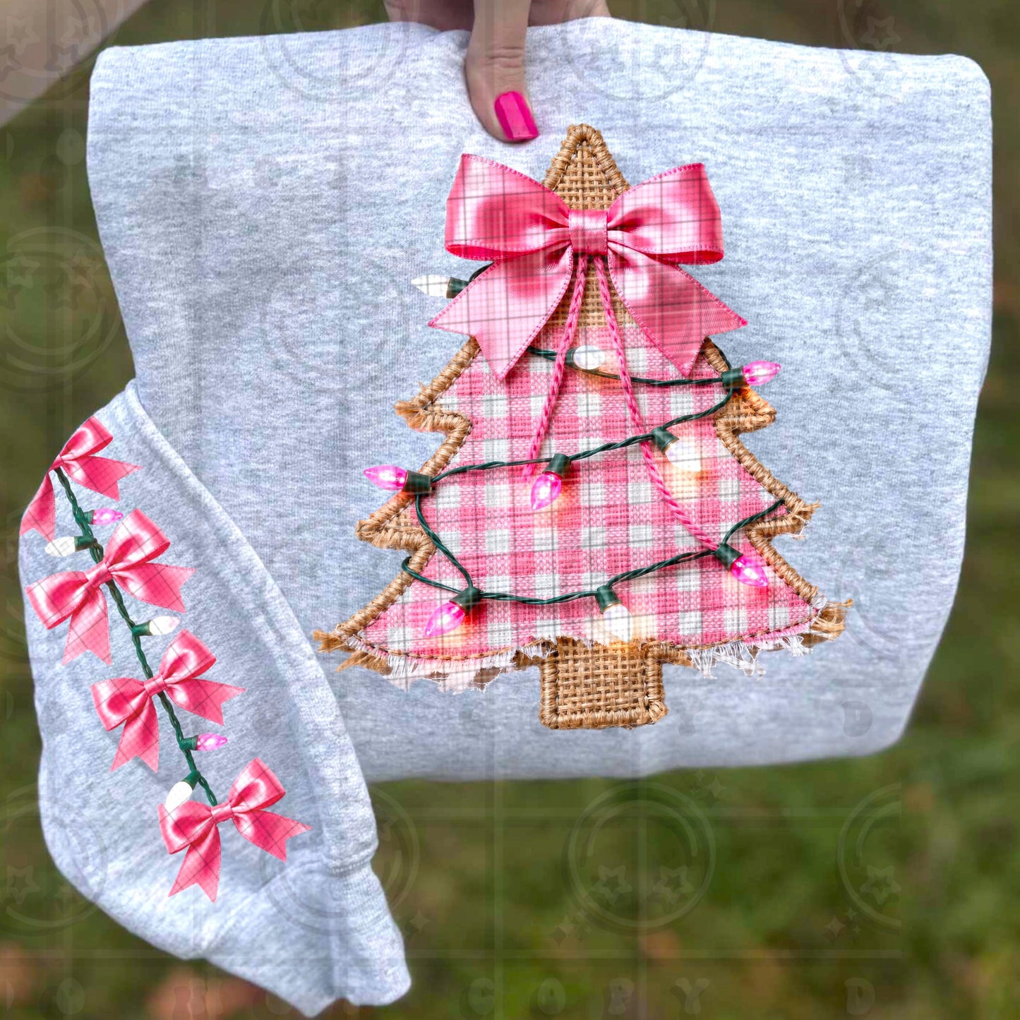 Christmas tree with fake Christmas lights and fake burlap faux patch with matching sleeve design PNG digital design, download