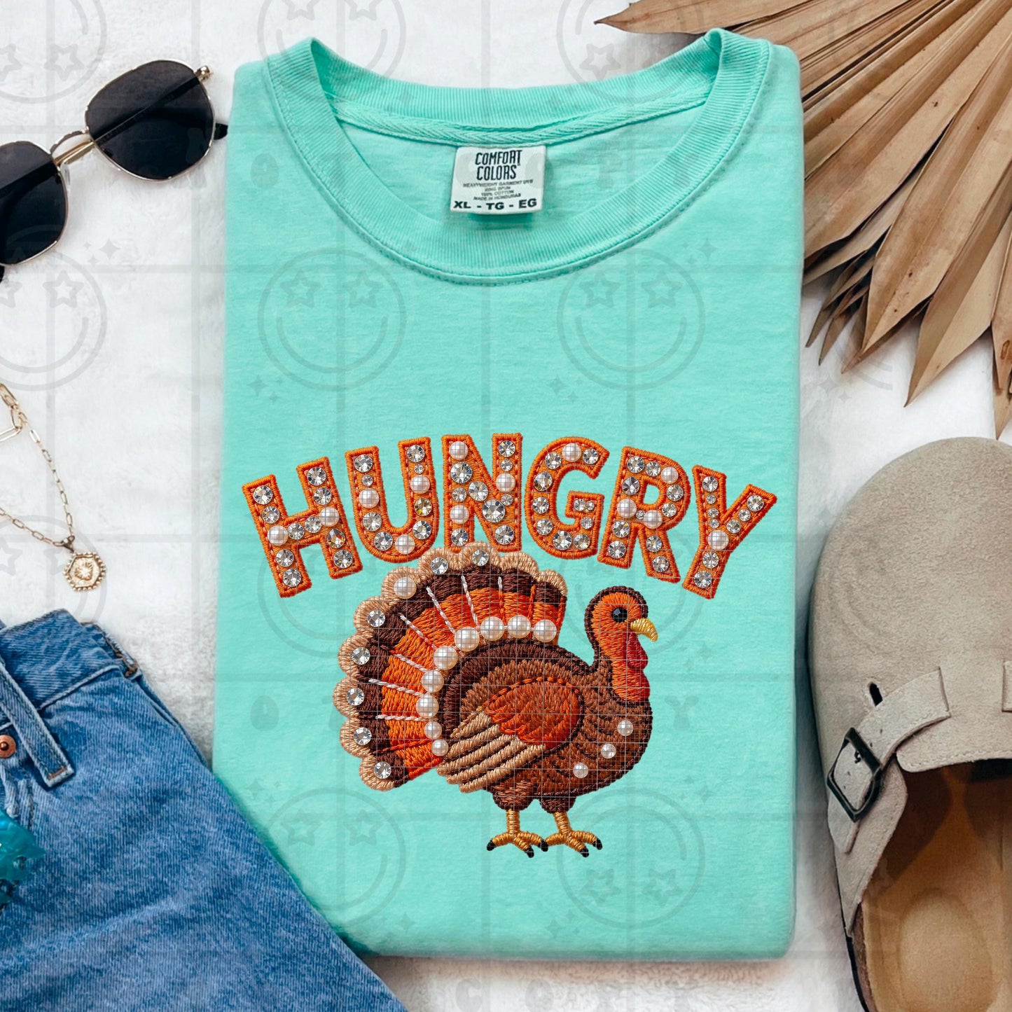 Hungry Thanksgiving Turkey Faux Embroidery Thankful Faux Rhinestones PNG digital download