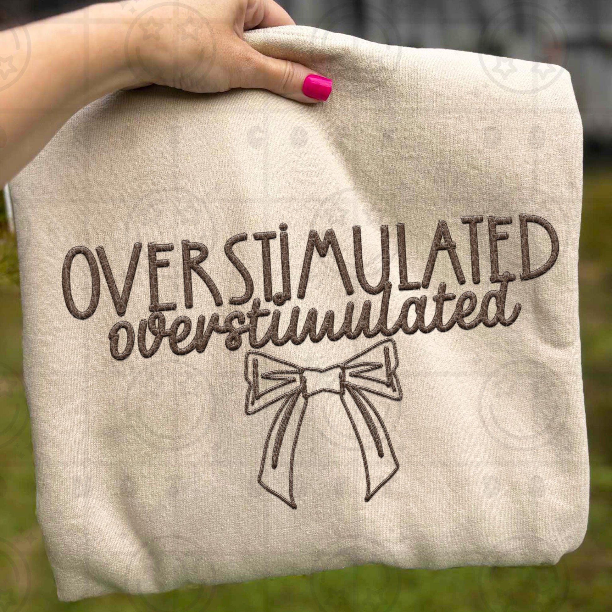 Overstimulated Bow Coquette Faux Embroidery Brown PNG Christmas digital download