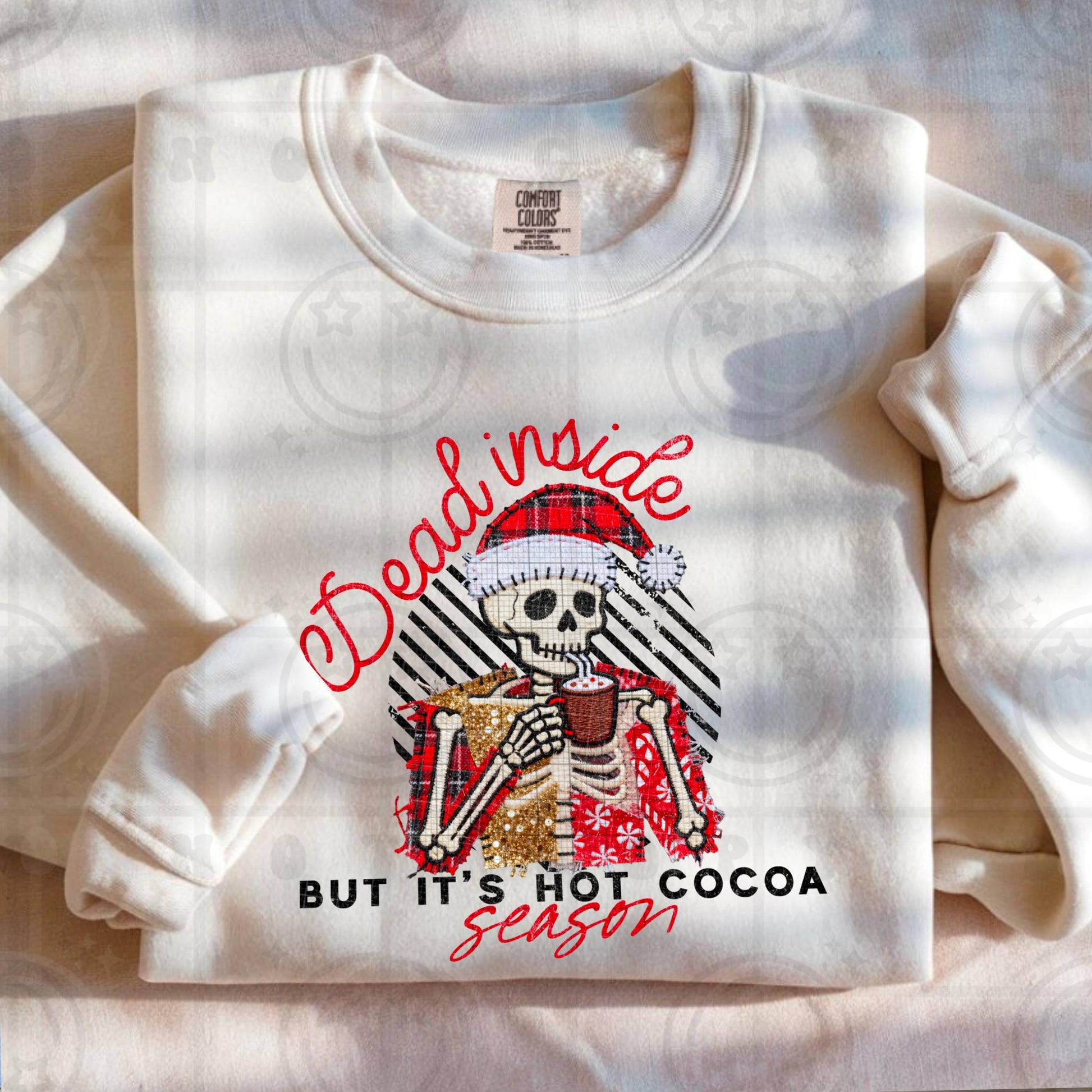 Dead inside but its hot cocoa season, faux embroidery quilted patchwork, peppermint, winter design, christmas PNG digital download