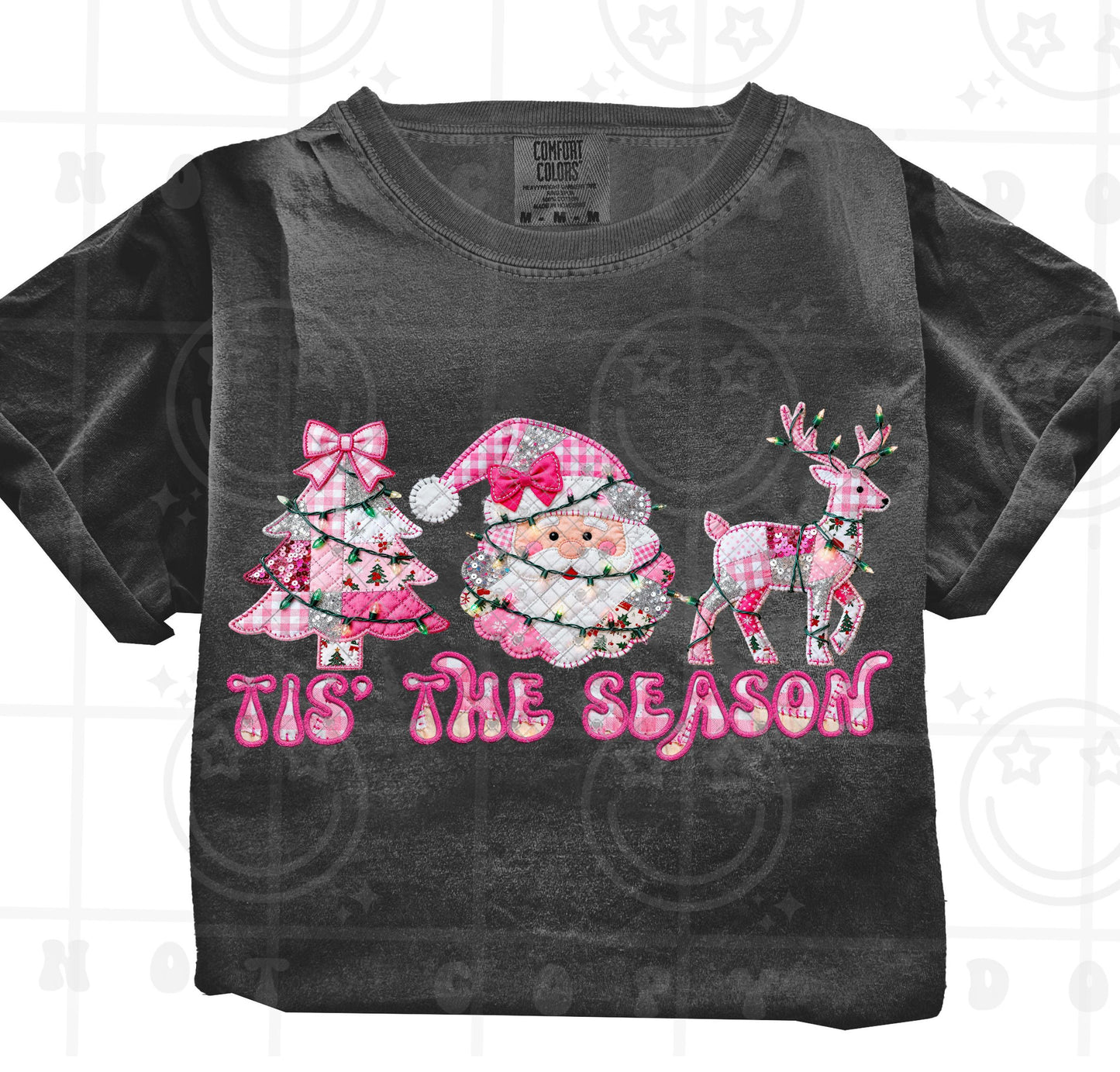 Tis the season pink christmas patchwork, with faux christmas lights, santa, christmas tree, reindeer, pink plaid, PNG digital download