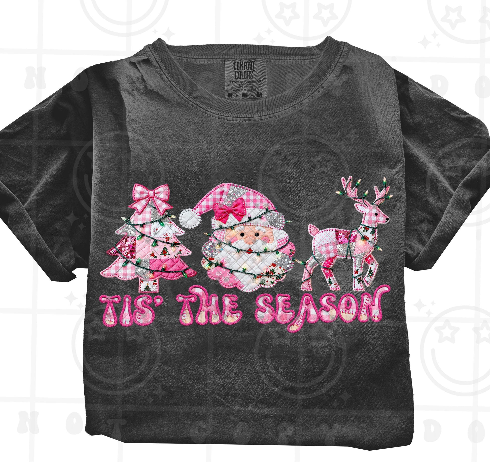 Tis the season pink christmas patchwork, with faux christmas lights, santa, christmas tree, reindeer, pink plaid, PNG digital download
