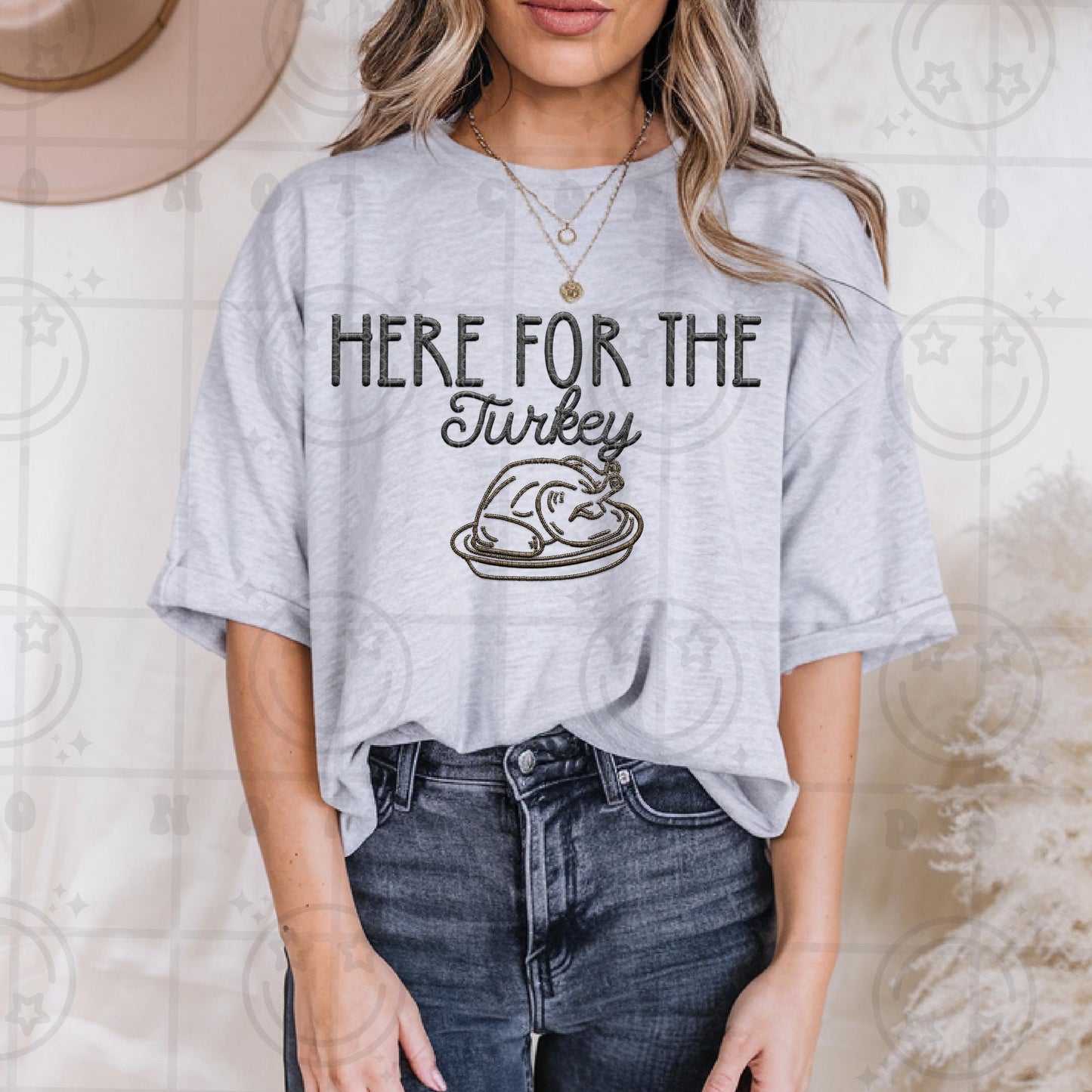 Here for the turkey faux embroidery PNG thanksgiving christmas holiday party shirt design, PNG digital download