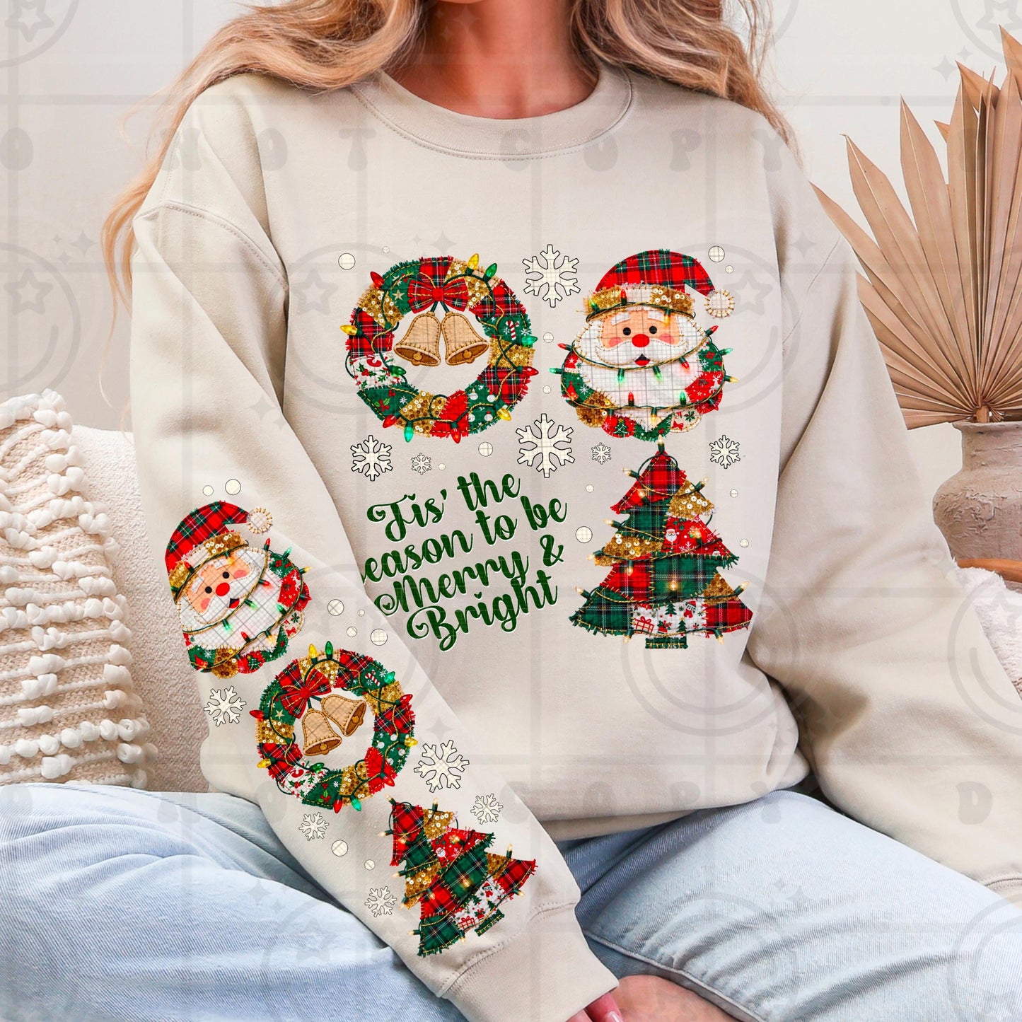 Merry and Bright Santa Christmas Tree Wreath, faux lights and faux patch with matching sleeve design PNG digital design, download