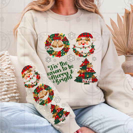 Merry and Bright Santa Christmas Tree Wreath, faux lights and faux patch with matching sleeve design PNG digital design, download
