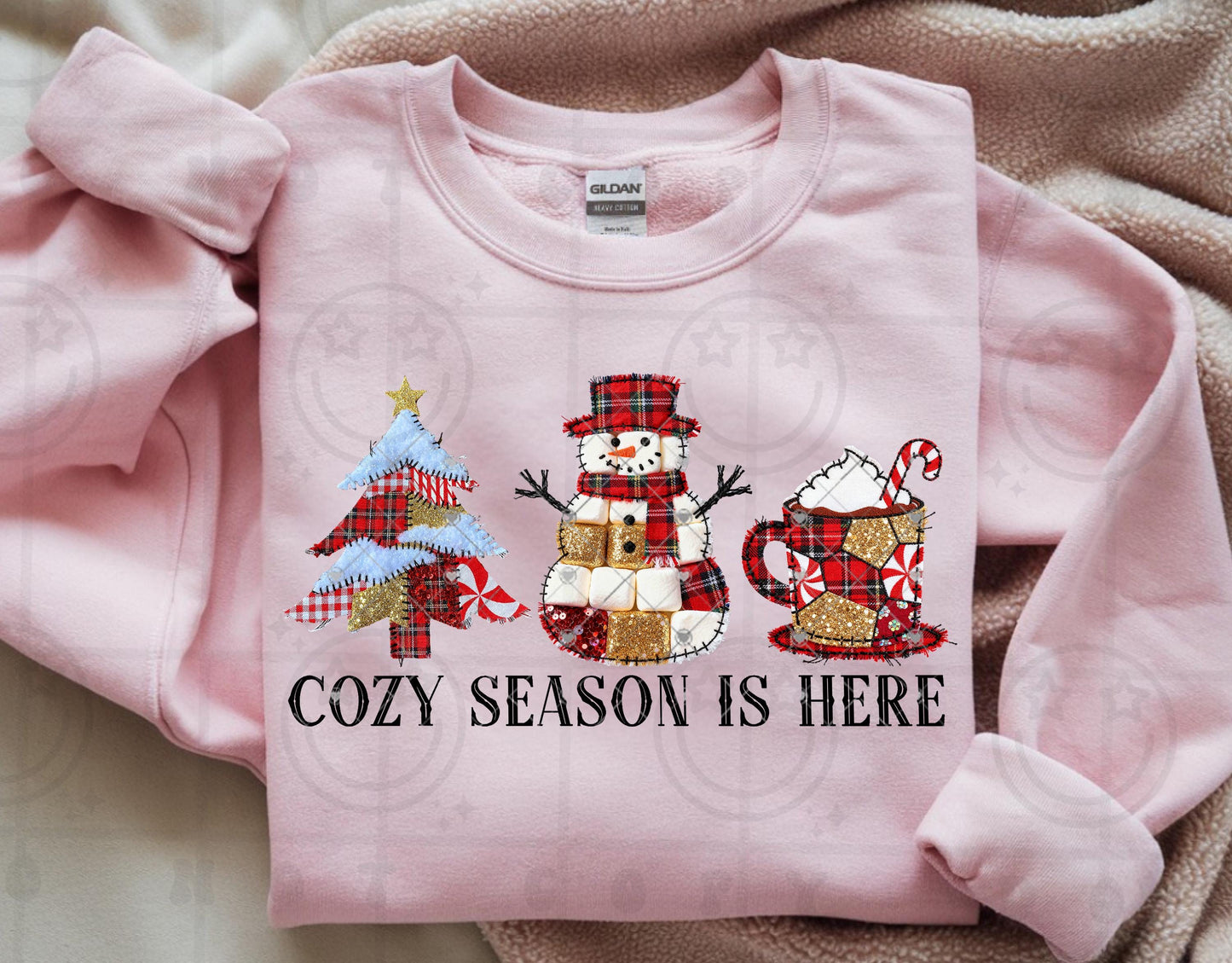 Cozy Season is here snowman hot cocoa christmas tree, faux embroidery quilted patchwork, peppermint, winter design, PNG digital download