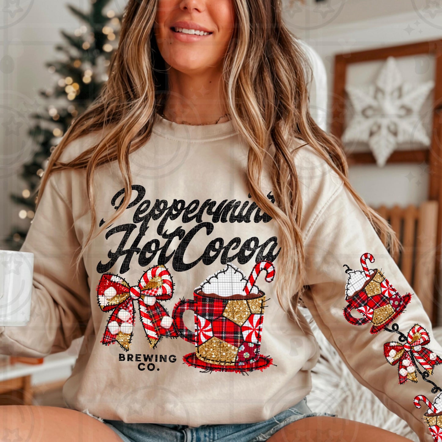 Peppermint Hot Cocoa Brewing Co, peppermint, hot cocoa, red plaid, winter design, christmas, with pocket and sleeve, PNG digital download