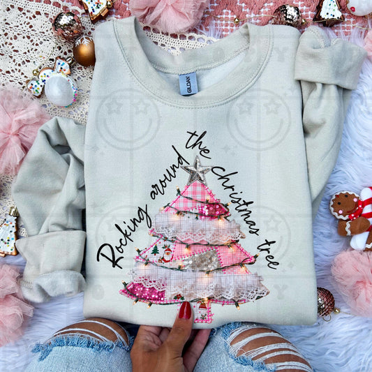 Rocking around the christmas tree, pink patchwork christmas tree with faux christmas lights, pink plaid, ruffles, PNG digital download