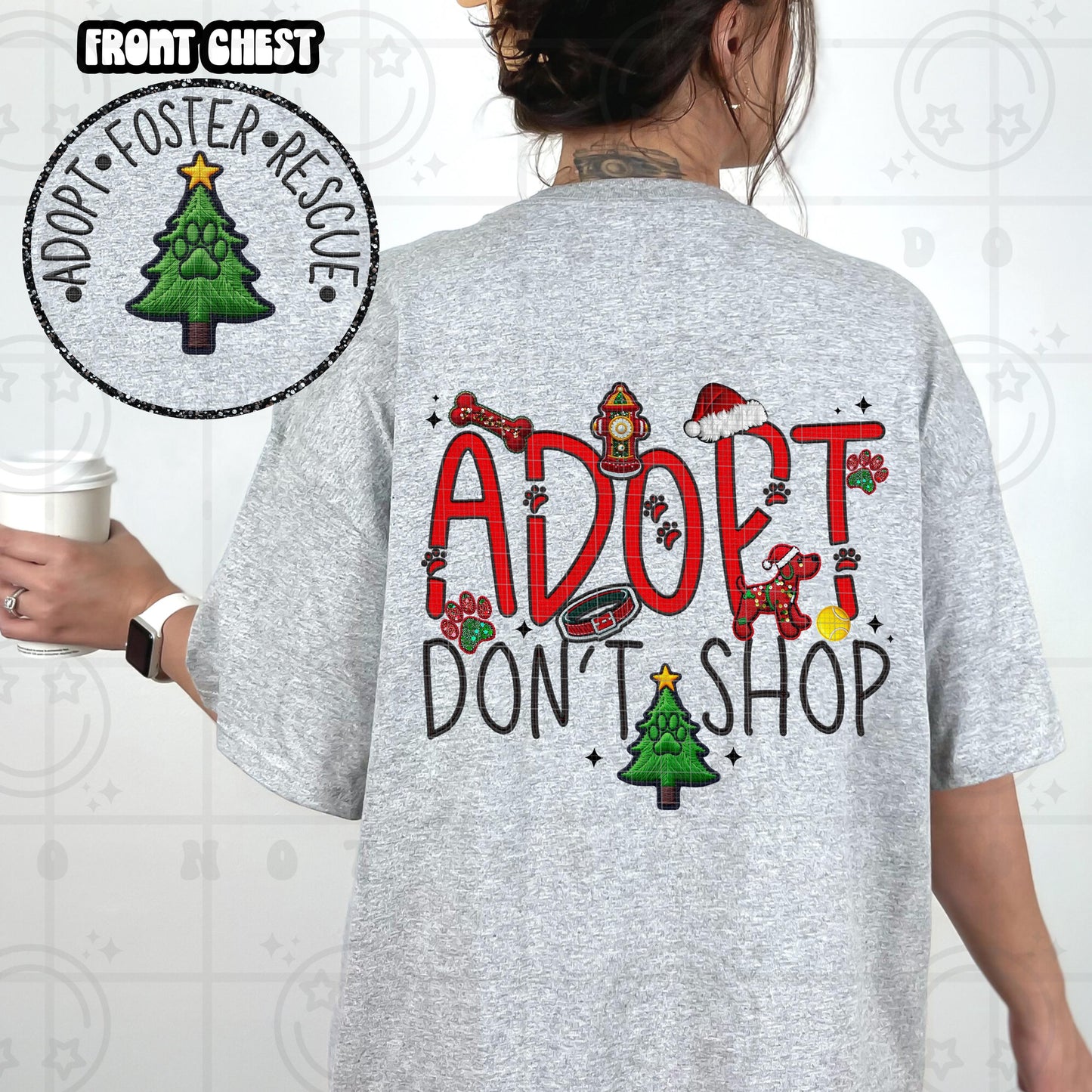 Adopt dont shop pet adoption PNG, faux embroidery, dog paws, christmas PNG digital download
