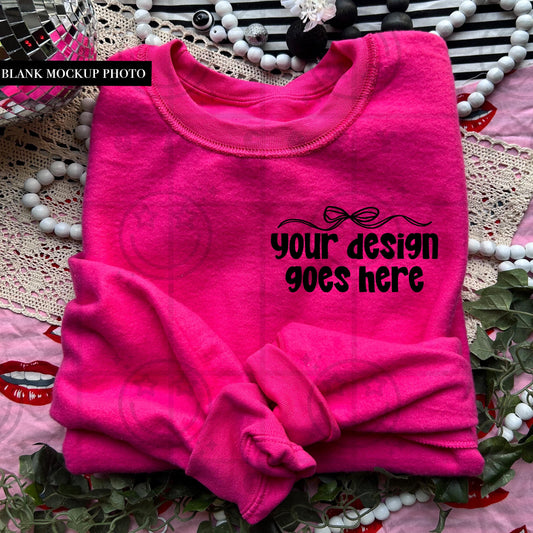 inside out sweatshirt chest pocket mock up, Gildan sweatshirt, g18000, Heliconia