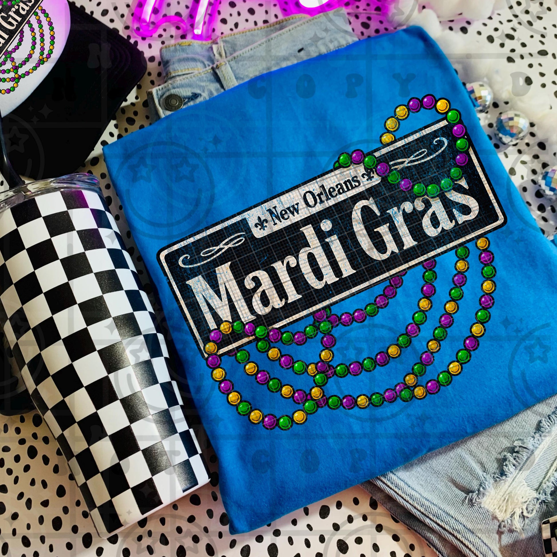 Mardi Gras New Orleans Street Sign and Beads distressed PNG Digital Download