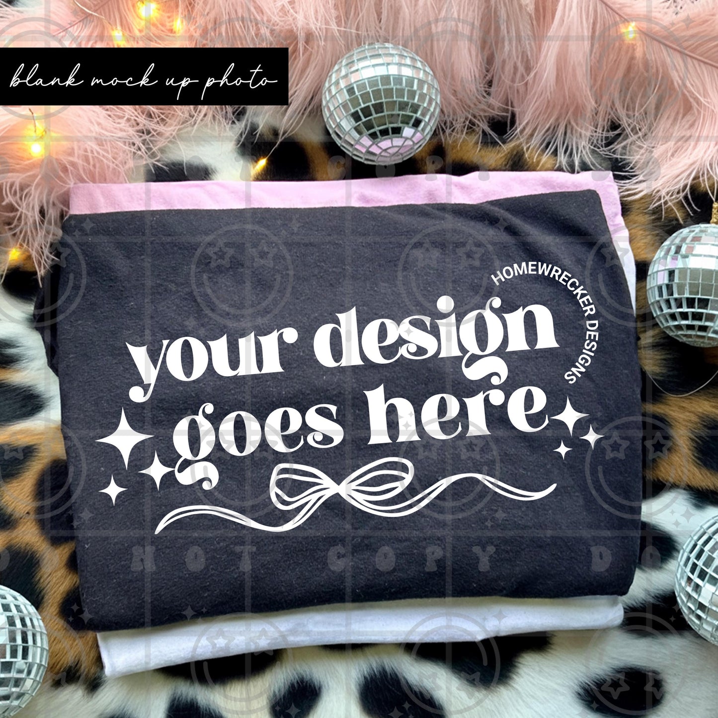Girly tshirt mock up photograph trendy product listing photo folded black t-shirt leopard print pink feather and discoballs digital download