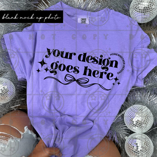 Girly tshirt mock up photograph trendy product listing photo cc1717 violet t-shirt silver tinsel and disco balls digital download
