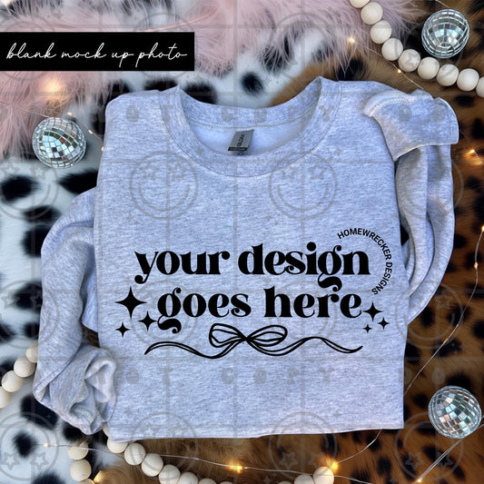 Girly sweatshirt mock up photograph trendy product listing photo folded g18000 ash crewneck leopard print pink feather digital download