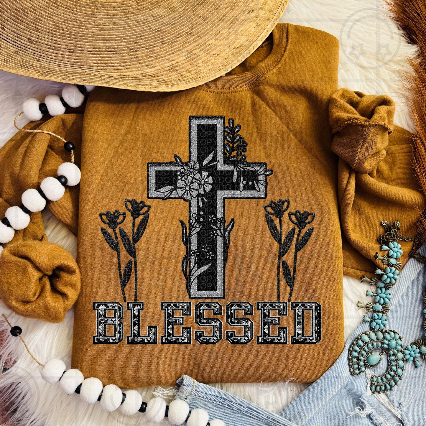 Blessed Aztec Cross, faux embroidery digital, tshirt design, digital download PNG