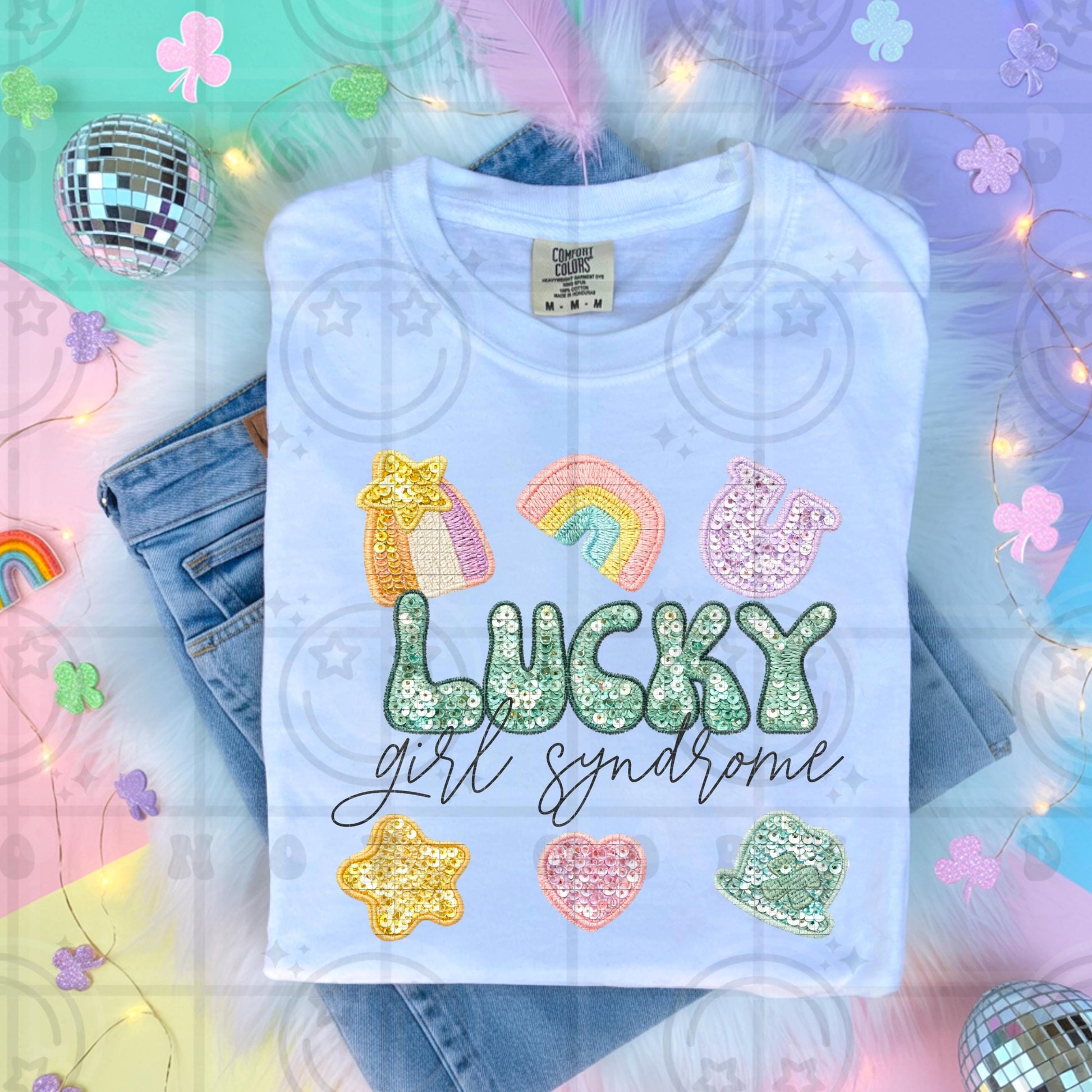 Lucky Girl Syndrome St Patricks day Pastel Faux Embroidery Faux Sequin design PNG digital design, download