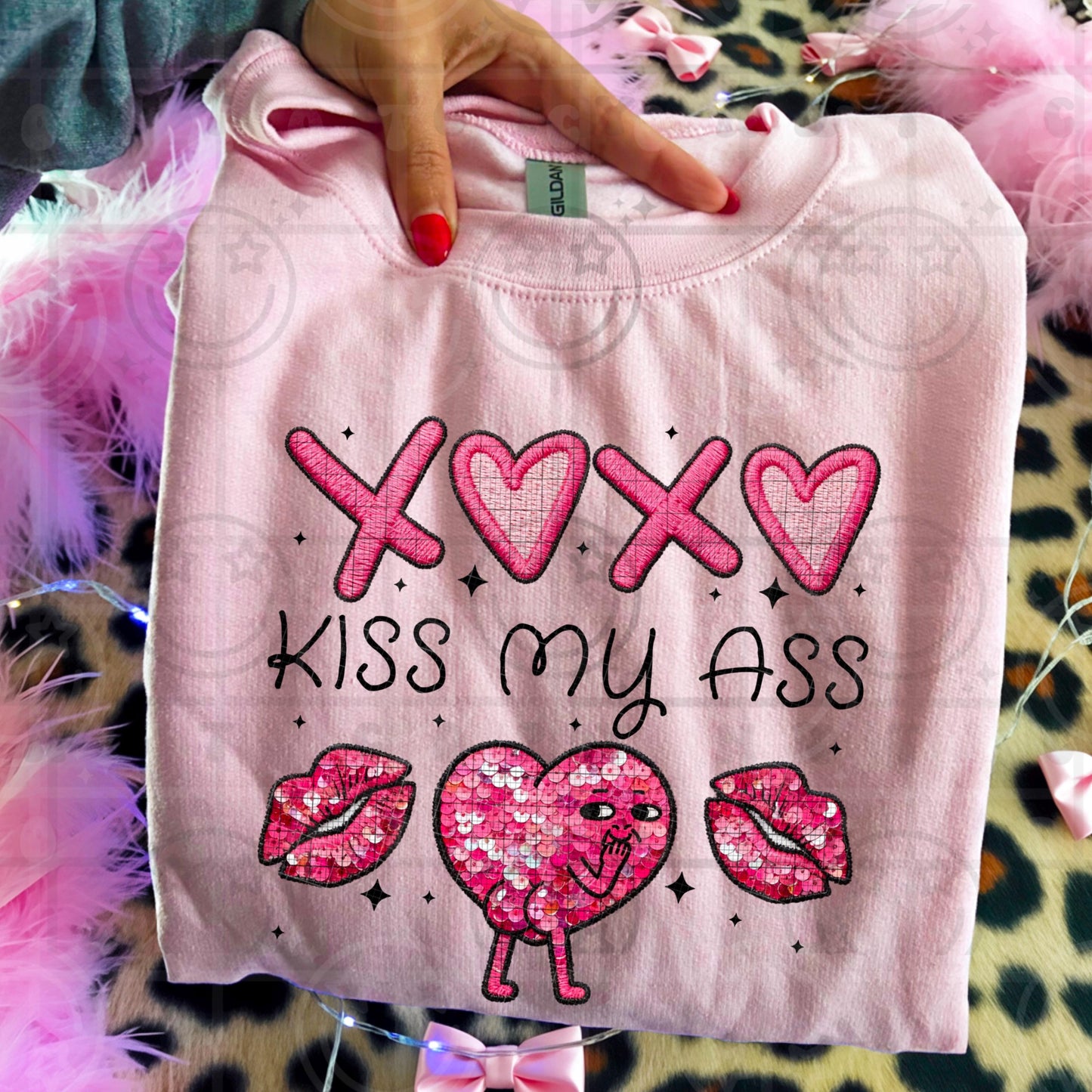 xoxo kiss my faux embroidery faux sequins snarky after dark valentines day pink and red PNG digital download