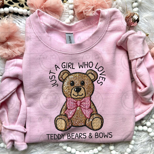 just a girl who loves bows and teddy bears faux glitter embroidered patch PNG digital design, download