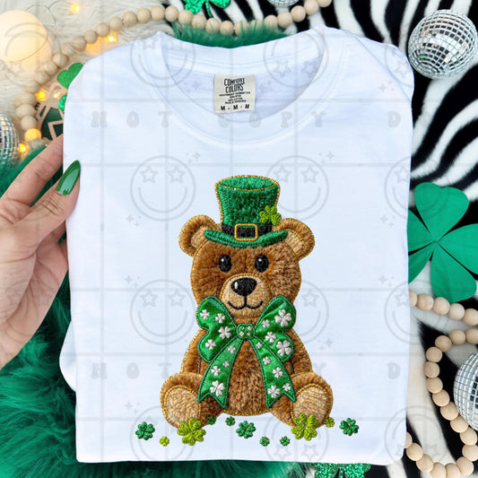 St patricks day teddy bear faux applique green shamrock bow PNG | FAUX Embroidery Digital File