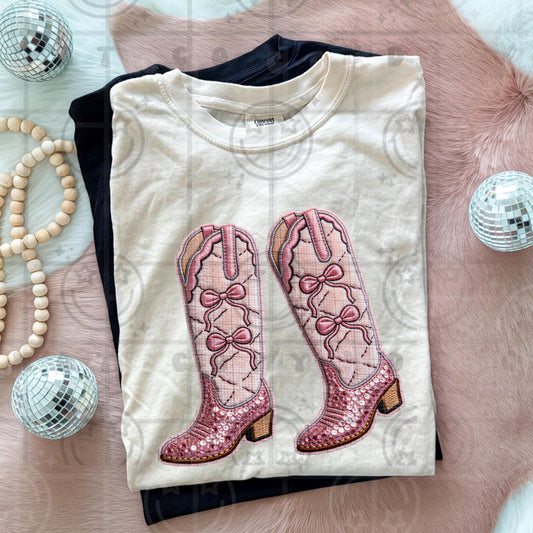 Cowboy Boots pink coquette faux sequin trendy faux embroidery PNG digital download