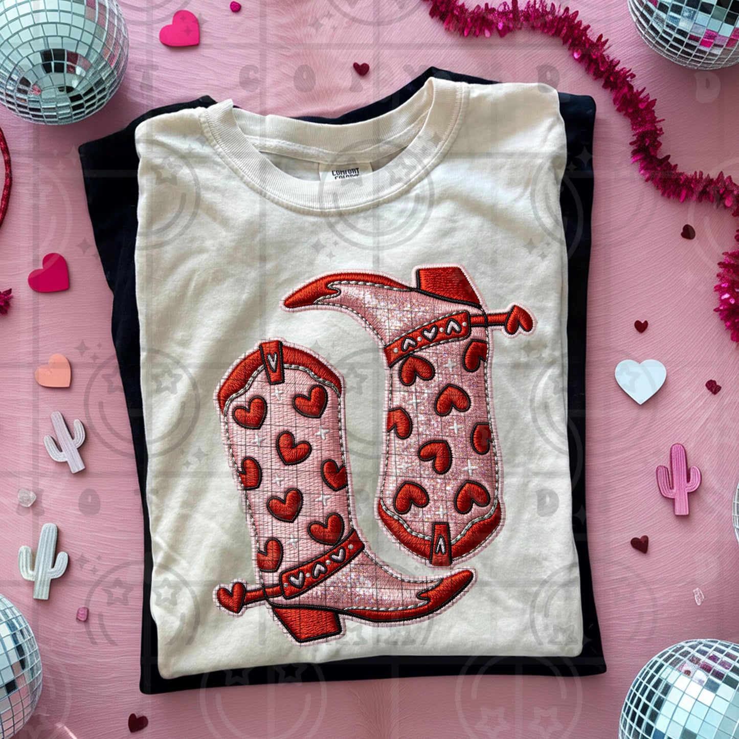 Cowboy Boots Heart printed valentines day trendy faux embroidery PNG digital download