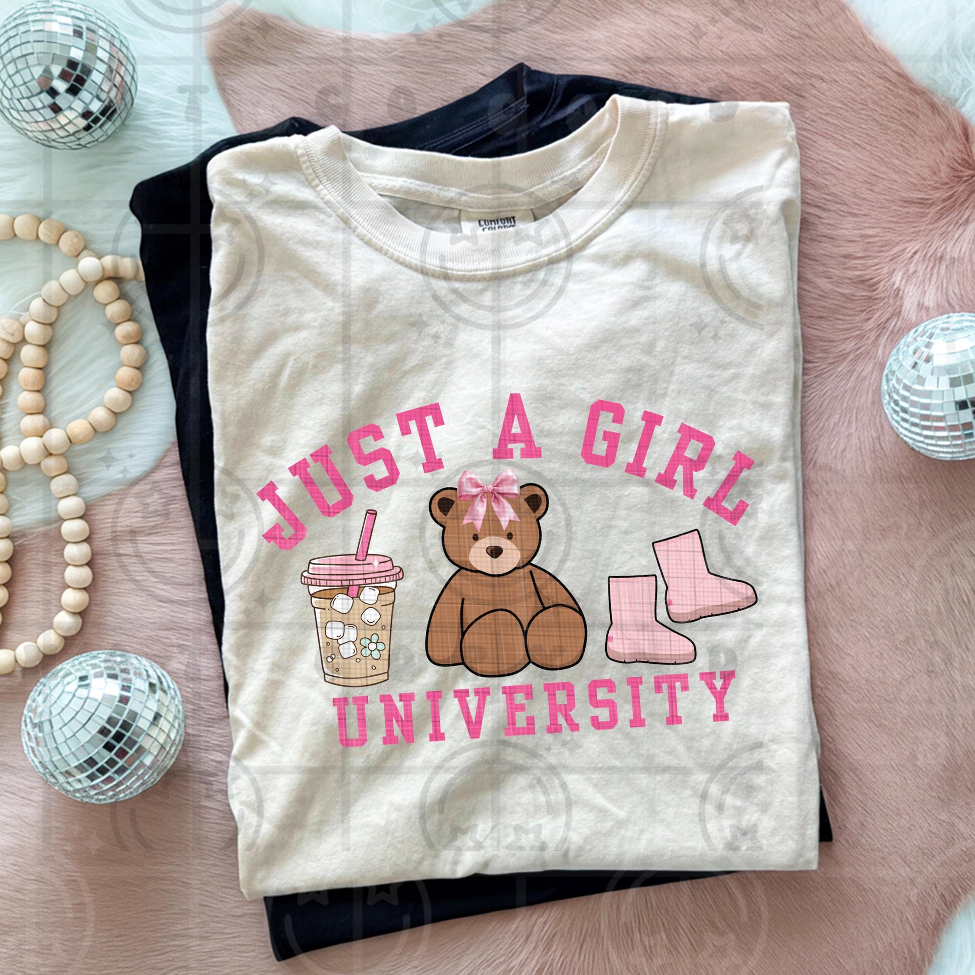 Just a girl university teddy bear iced coffee boots PNG digital download