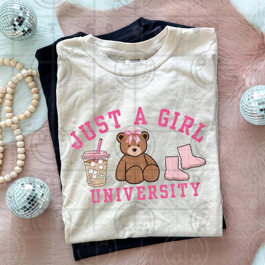Just a girl university teddy bear iced coffee boots PNG digital download