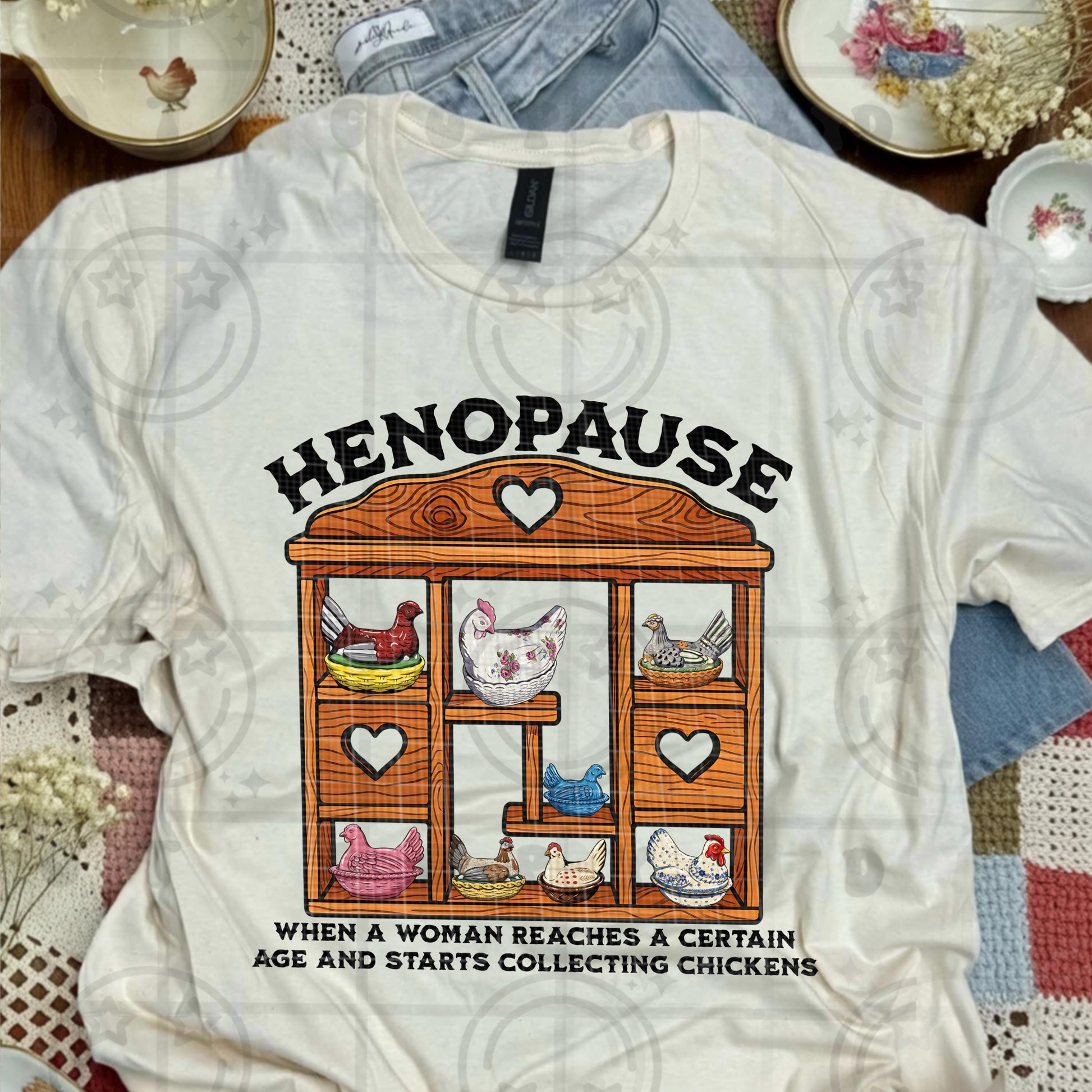 Henopause Vintage Farmhouse Wooden Heart Wall Cubby Shelf Vintage Dishes PNG digital download