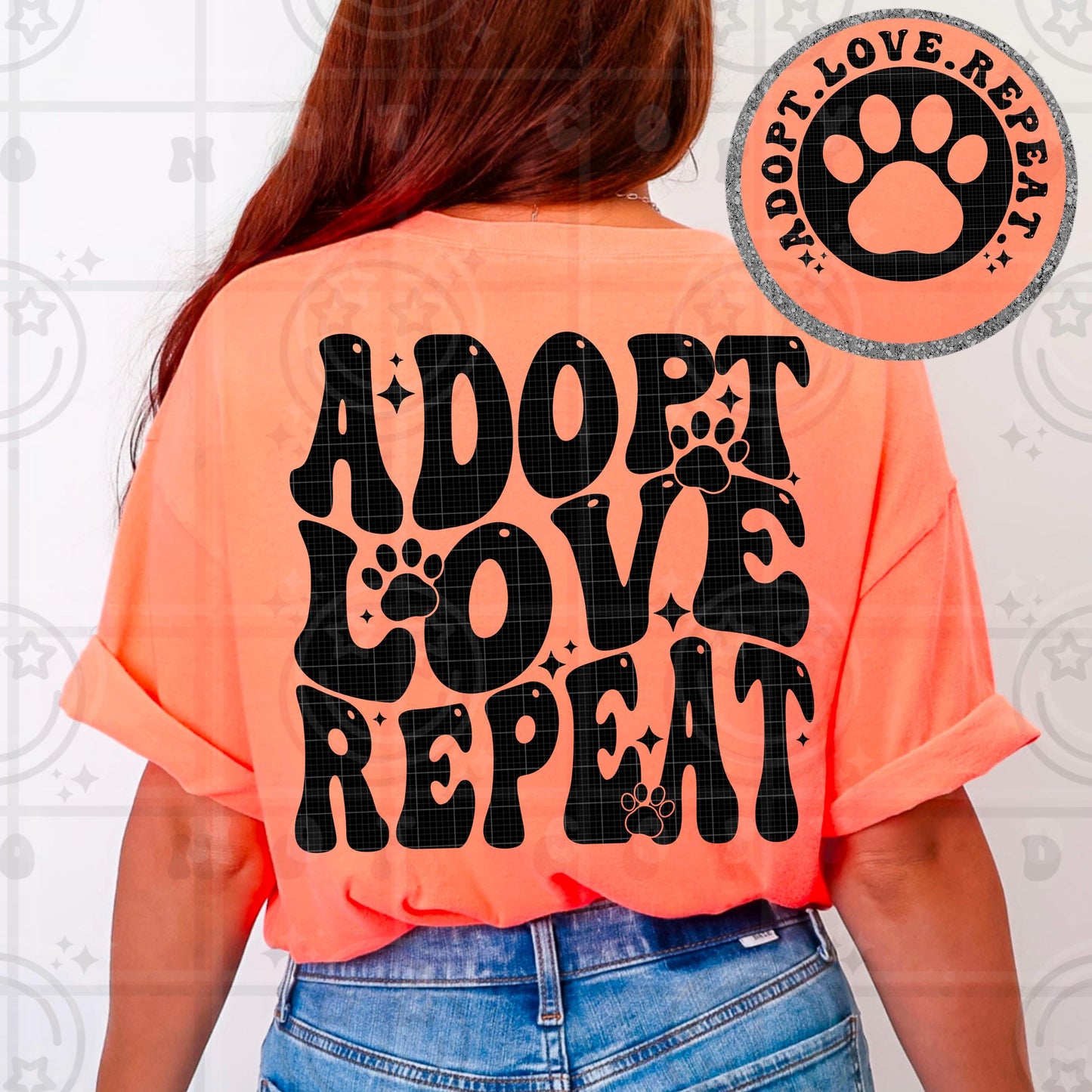 Wavy retro groovy text design reading “Adopt Love Repeat,” shown as a PNG shirt graphic with matching pocket, front, and back layouts for a rescue-themed apparel design.