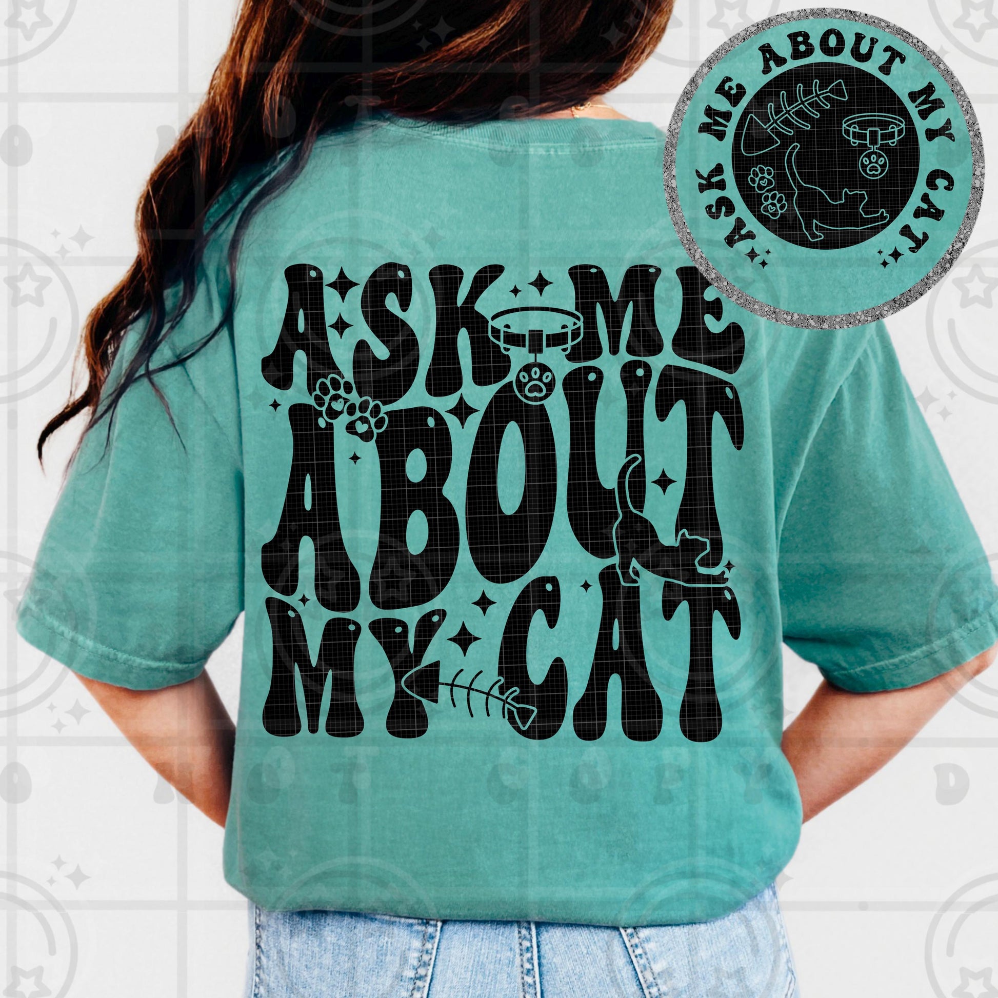Wavy retro groovy text design reading “Ask Me About My Cat,” shown as a PNG shirt graphic with matching pocket, front, and back layouts for a cat mom–themed apparel design.