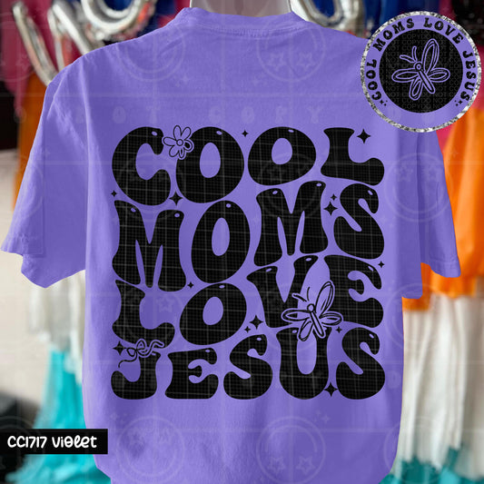 christian mom png with retro bubble letters reading cool moms love jesus featuring butterfly and sparkle faith design