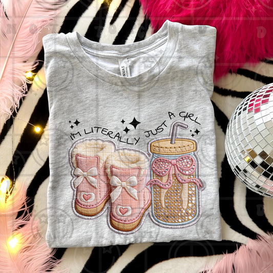 I'm literally just a girl fur boots and iced coffee coquette trendy faux embroidery PNG digital download