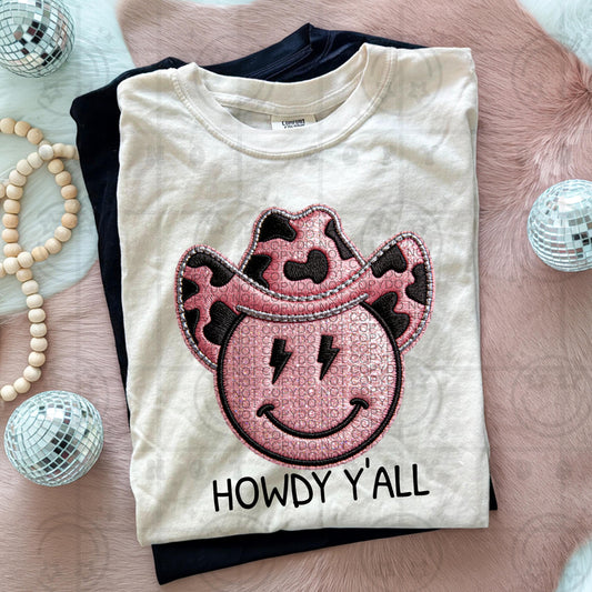 Howdy Yall smile with camo cowboy hat trendy faux embroidery PNG digital download