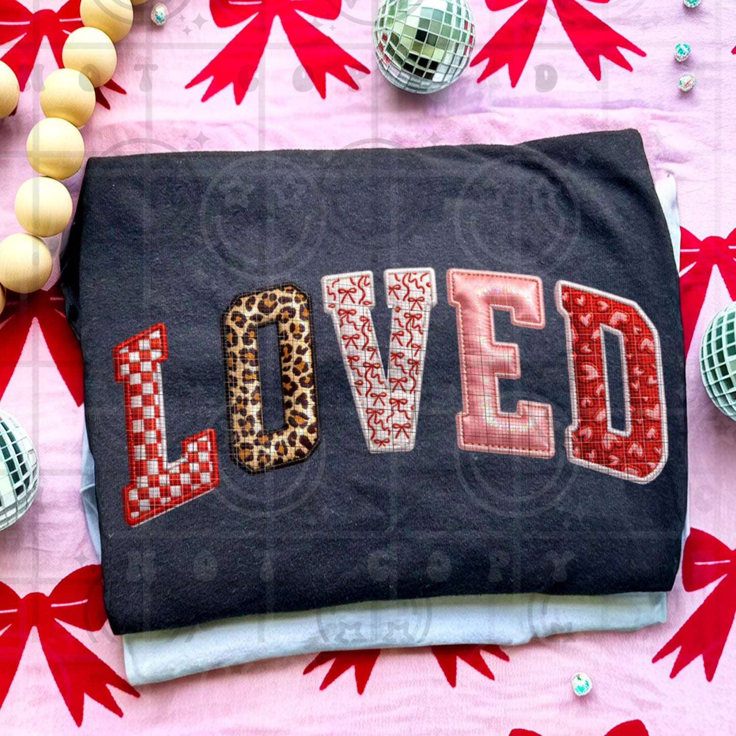 Loved varsity letters with prints, valentines day, checkered print, bows, leopard print, gift for her, faux embroidery PNG digital download