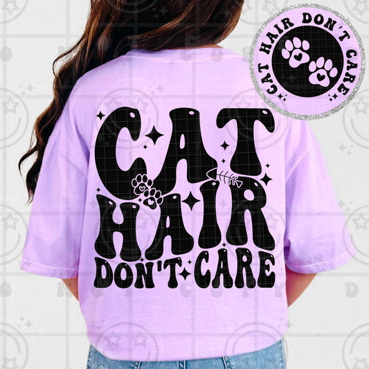 Retro groovy black text reading “Cat Hair Don’t Care” with paw print and fish bone accents displayed on the back of a lavender shirt