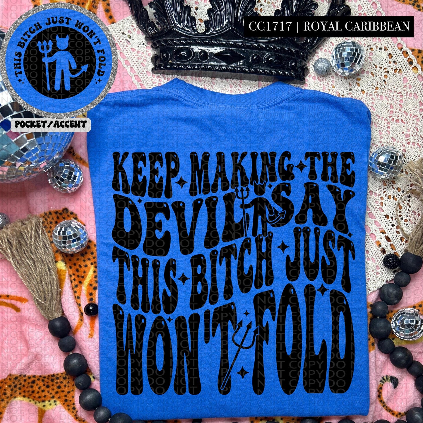 Bold retro wavy quote design reading Keep Making The Devil Uncomfortable with black groovy typography and devil icon accents