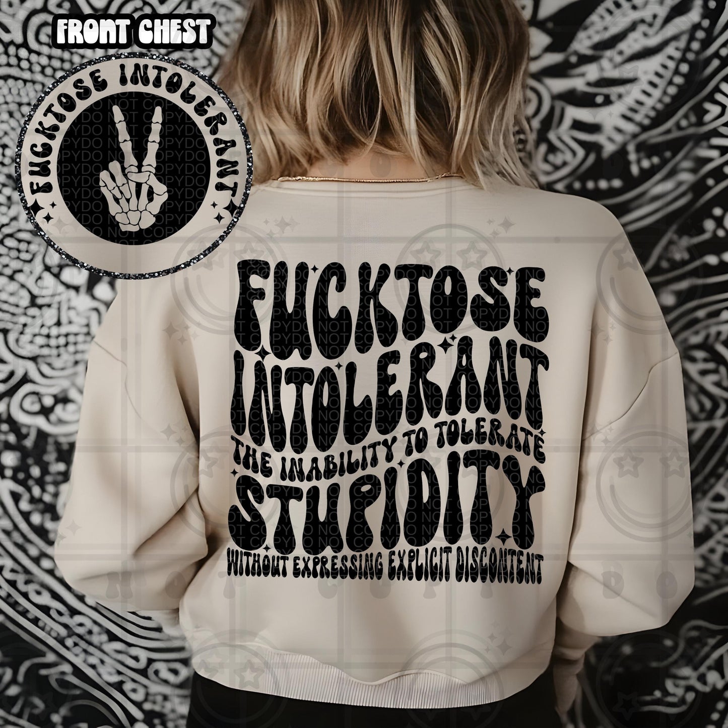 Bold retro wavy statement quote reading fucktose intolerant with black groovy typography and clean lettering