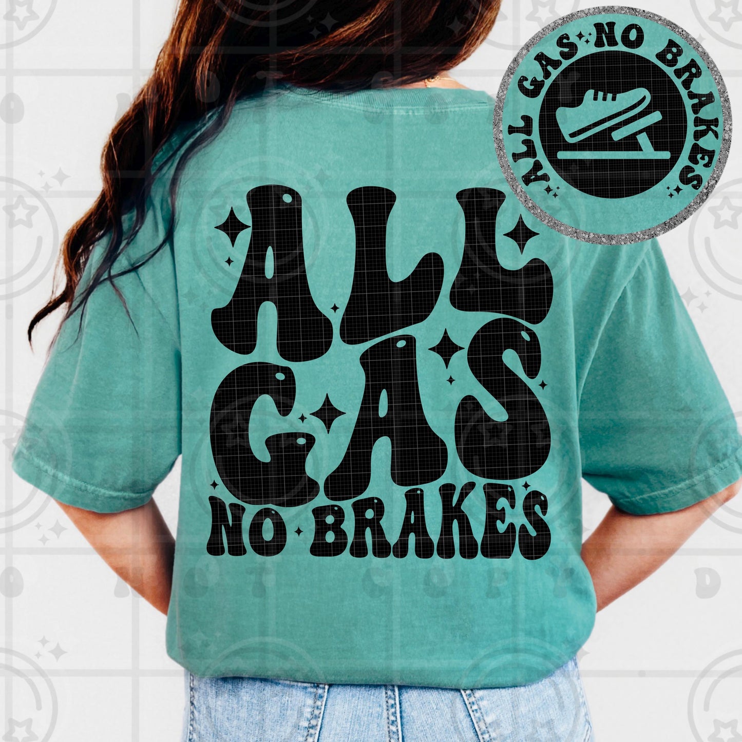 Retro wavy typography design reading All Gas No Brakes with bold black groovy lettering and clean solid design