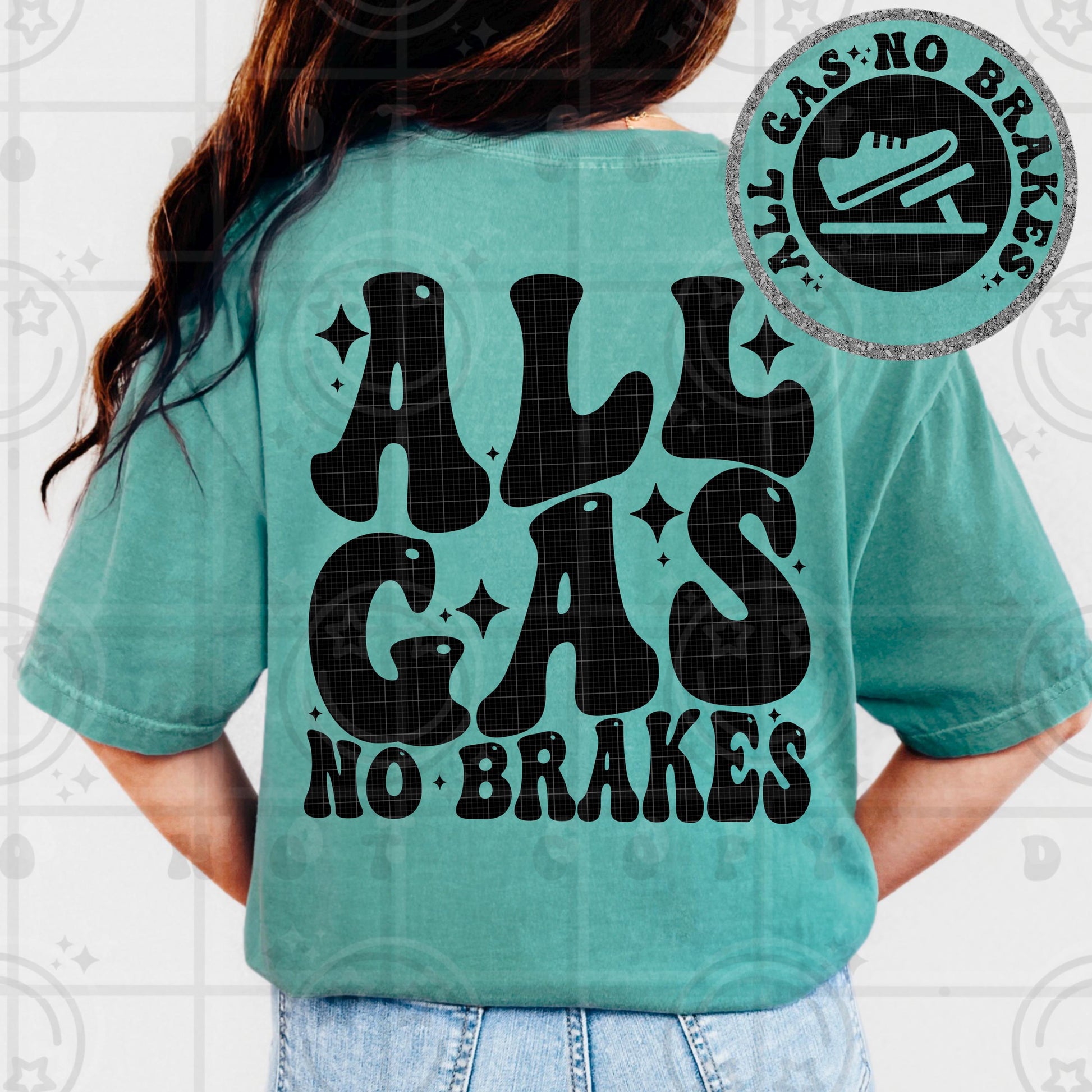 Retro wavy typography design reading All Gas No Brakes with bold black groovy lettering and clean solid design