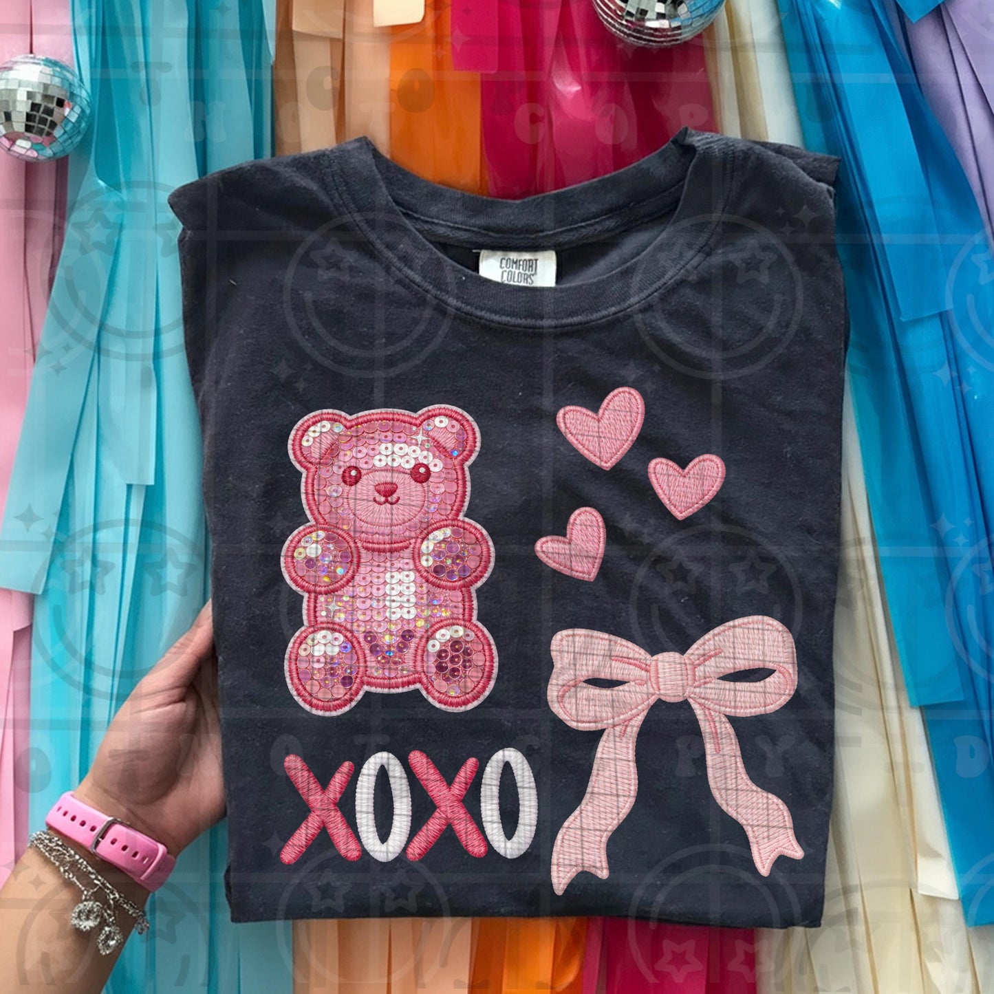 Faux embroidery style gummy bear design with stitched look details hearts bow and XOXO lettering