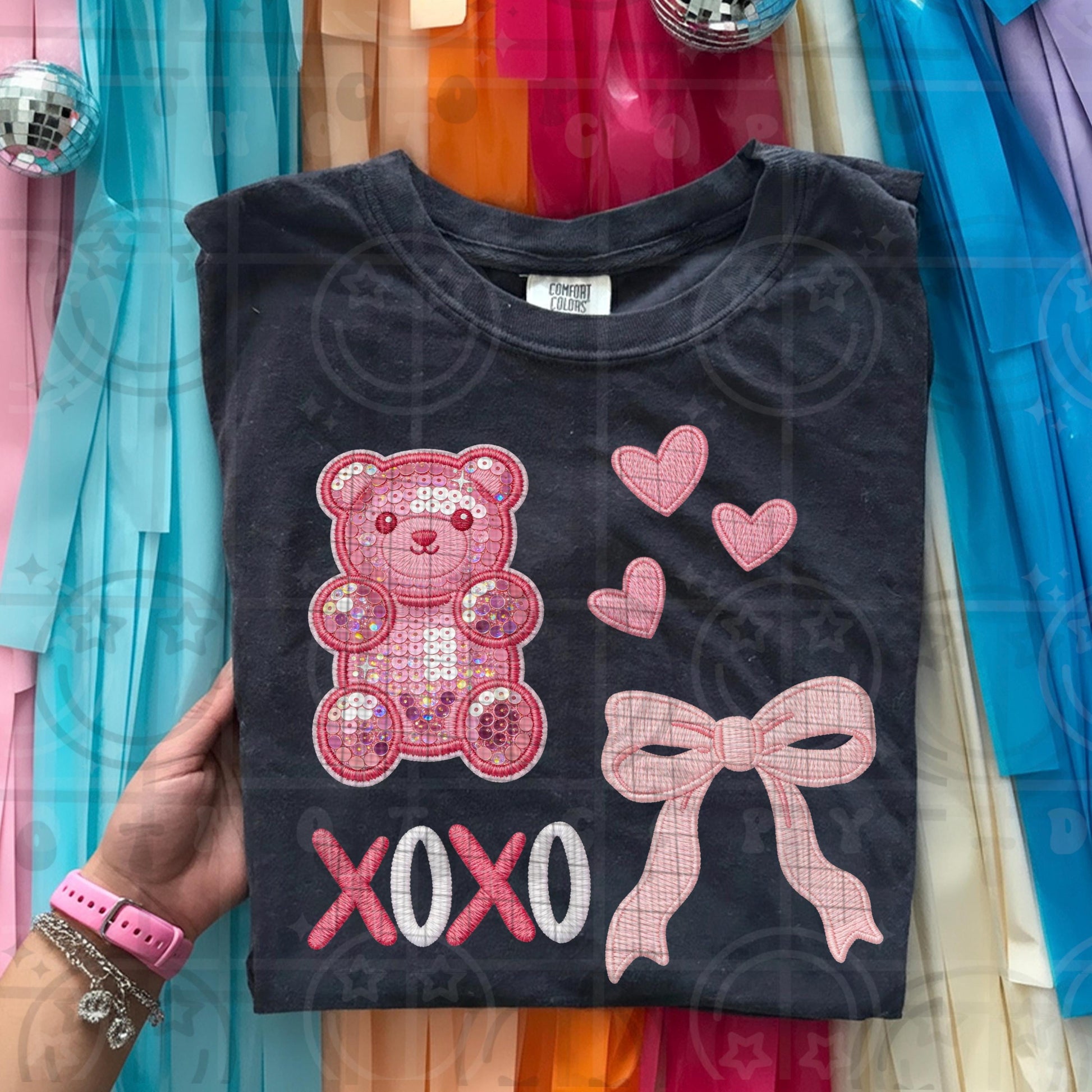 Faux embroidery style gummy bear design with stitched look details hearts bow and XOXO lettering