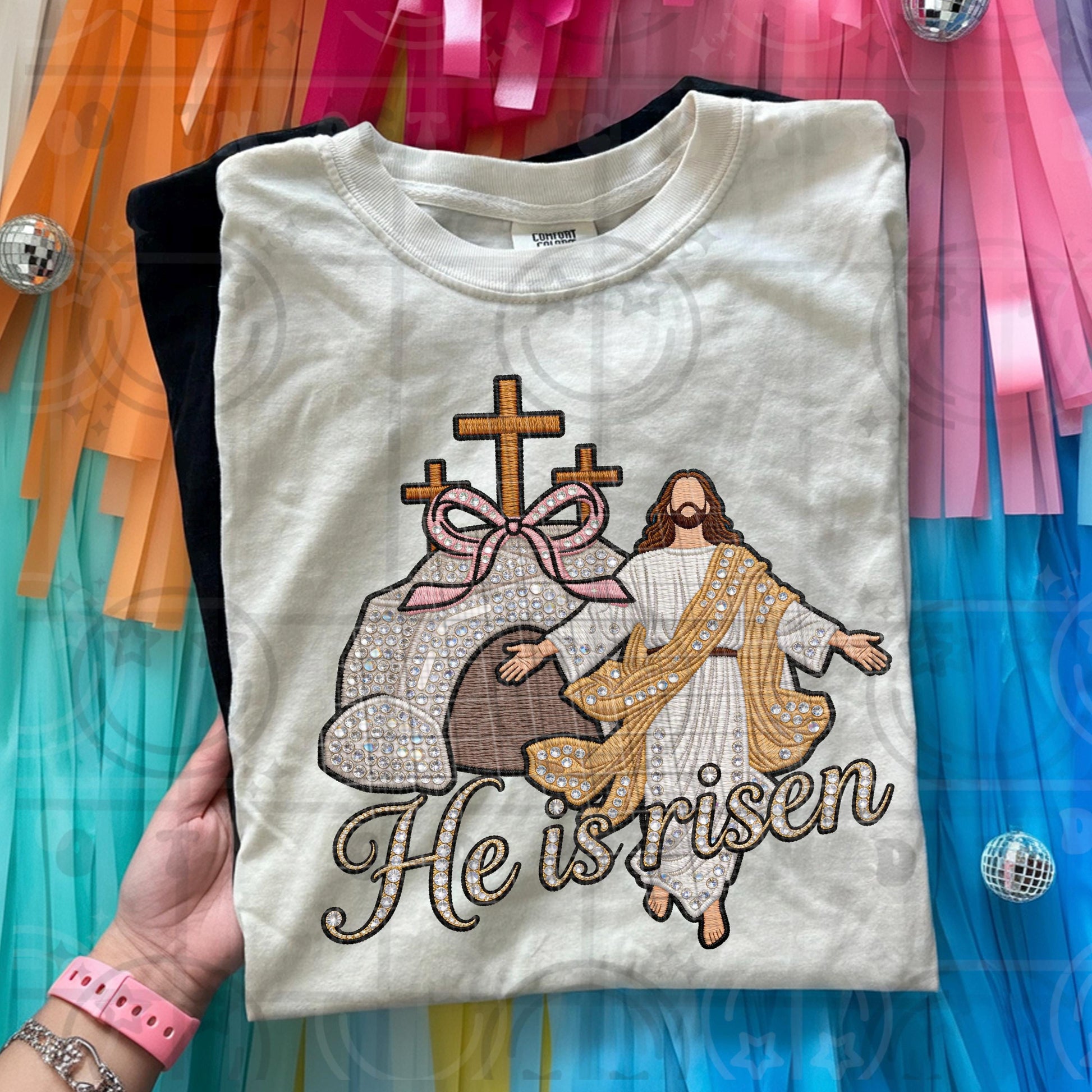 He Is Risen Easter Jesus design with faux embroidery faux applique and faux rhinestone texture featuring resurrection faith artwork in vintage Christian style