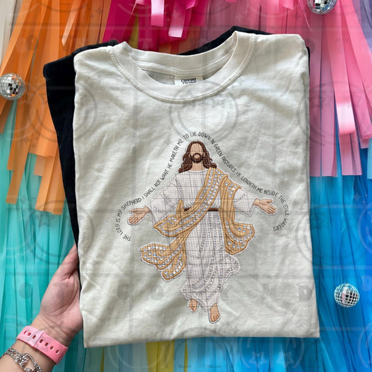 The Lord Is My Shepherd Christian design featuring Jesus with flowing robes and scripture text in faux embroidery faux applique vintage faith style