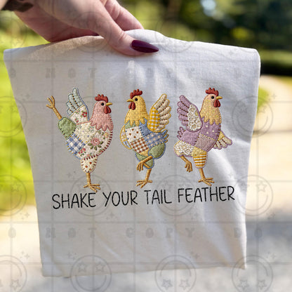 patchwork chicken png with three hens and funny quote shake your tail feather in farmhouse country style graphic design