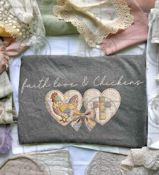 faith love and chickens png with patchwork hearts chicken and cross in farmhouse cottagecore christian country style design
