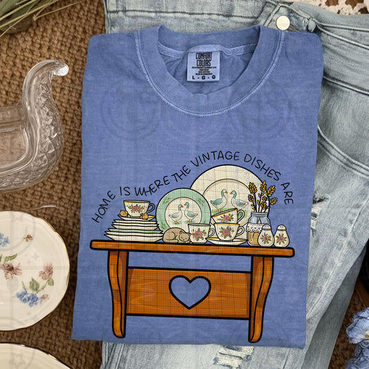 distressed farmhouse png with vintage dishes goose plates teacups and rustic table home is where the vintage dishes are design