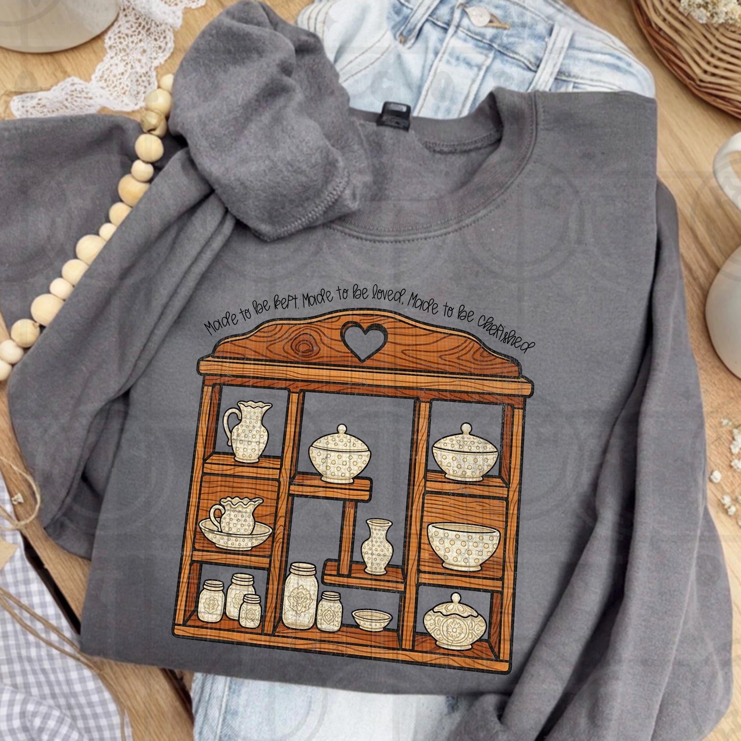 distressed vintage png with wood heart furniture shelf filled with milk glass hobnail dishes and heirloom ceramics cottagecore farmhouse style download
