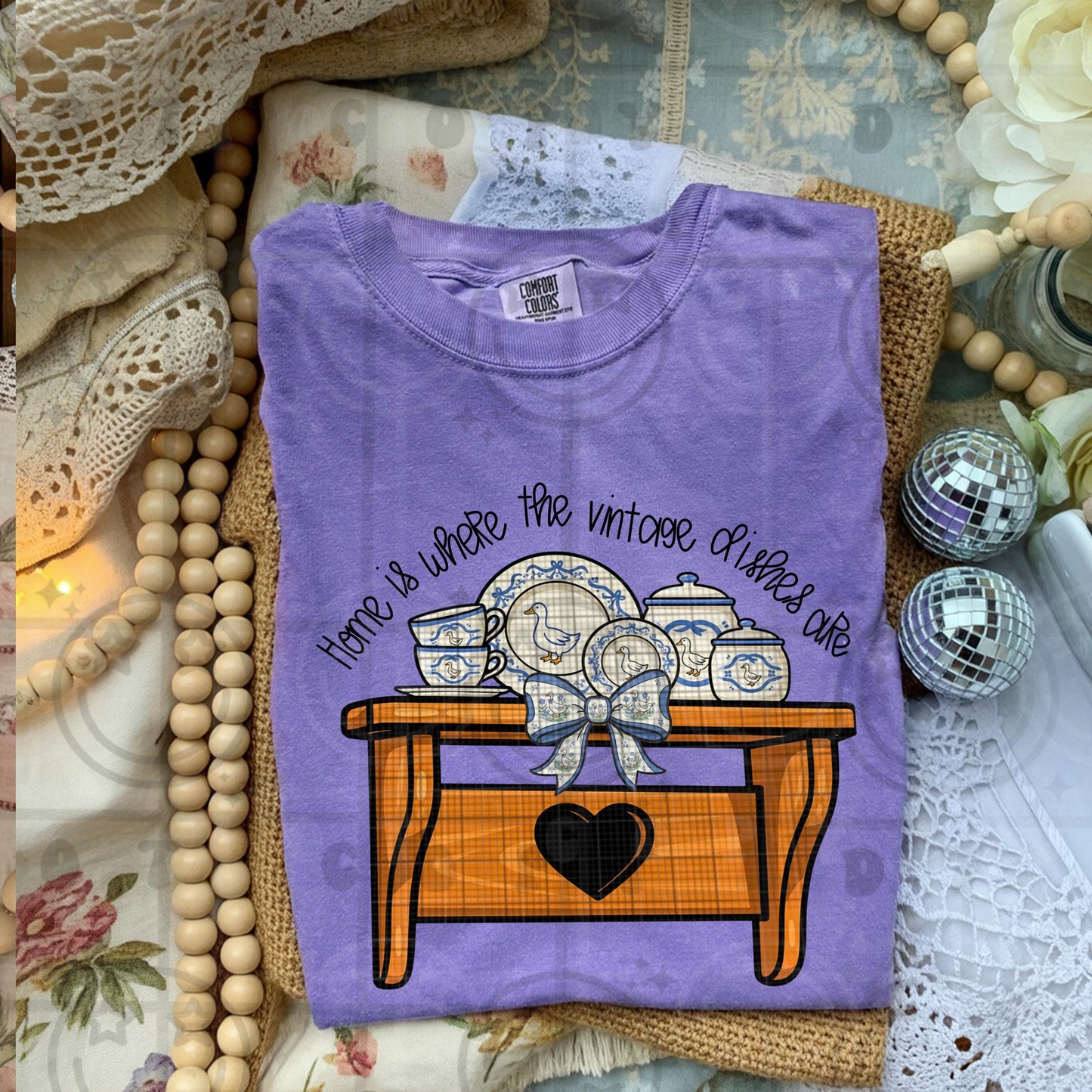 home is where the vintage dishes are png blue ribbon goose cottagecore grannycore thrift aesthetic design