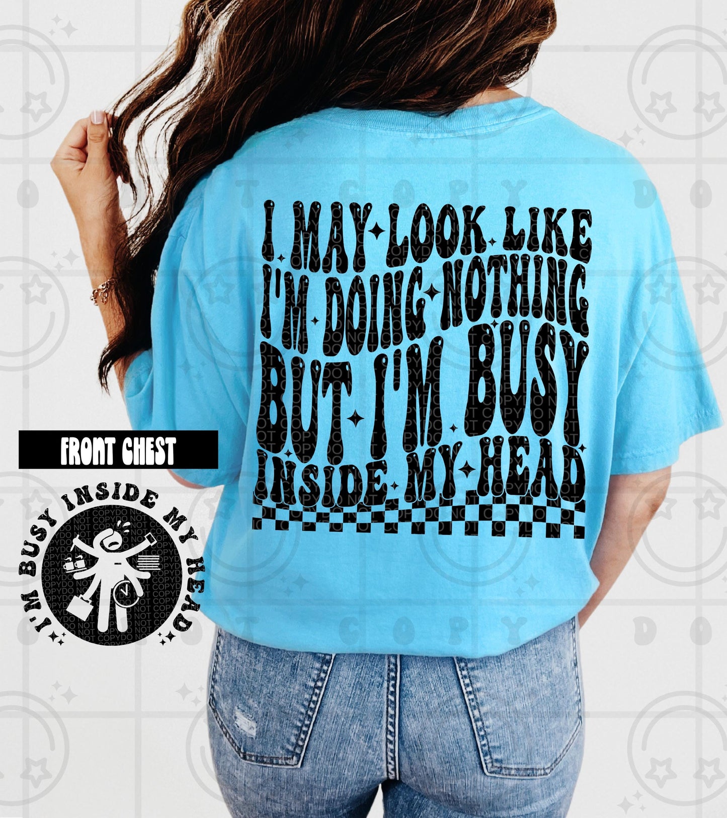 Funny retro wavy quote design reading I May Look Like Im Busy with bold black groovy typography and clean lettering
