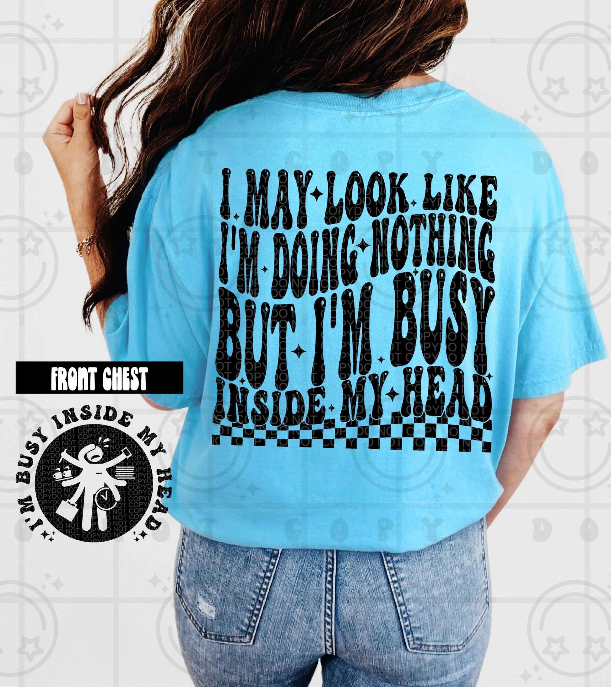 Funny retro wavy quote design reading I May Look Like Im Busy with bold black groovy typography and clean lettering